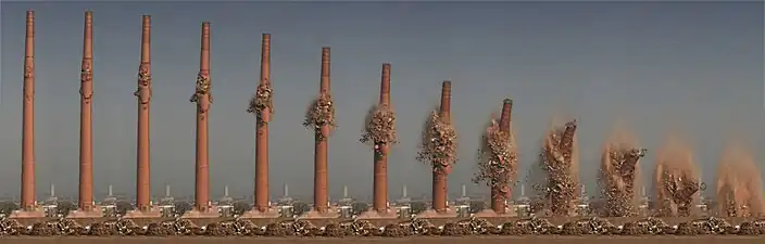 Demolition of a chimney at the former "Henninger Brewery" in Frankfurt am Main, Germany, on 2 December 2006