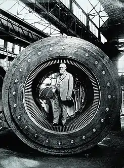 Ottó Bláthy in the armature of a turbo generator (1904)