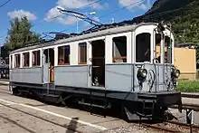 Old electric railcars BCFeh 4/4 6 of the Monthey–Champéry–Morgins-Railway on the Blonay–Chamby heritage railway, September 2015