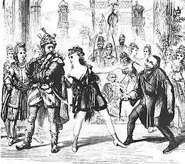 sketch of three principals with chorus behind them; on the left a man with extravagant whiskers, centre a woman imperfectly disguised as a young man, and, right, an actor striking a sardonic pose