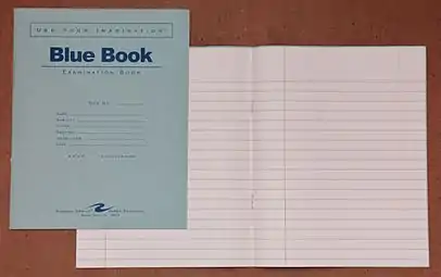 A 12-sheet Blue book used in many post-secondary schools in the United States