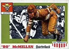 Football card with a crouching McMillin superimposed on a field of players