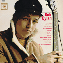 A close-up of Bob Dylan wearing a coat and hat, holding a guitar