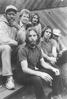 Bobby and the Midnites in 1981. (Back L-R: Billy Cobham, Bobby Cochran, Matthew Kelly. Front L-R: Brent Mydland, Bob Weir, Alphonso Johnson)
