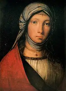 Huile sur panneau. Portrait d'une jeune fille aux yeux clairs.  Un voile laisse paraitre des mèches aux reflets blonds.