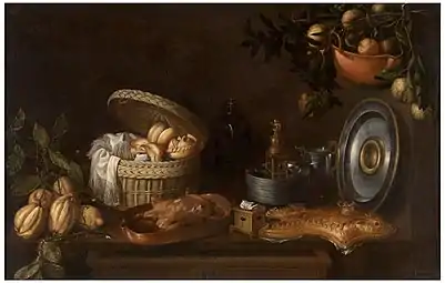 Baked food, metallic kitchenware, and fruits on branches.Still Life by Tomás Yepes; 1668, 102 × 157 cm, Prado Museum.