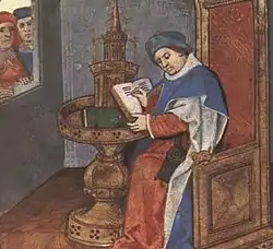 Miniature from a manuscript of the Roman de la Rose (Oxford, Bodleian Library, MS. Douce 195), folio 1r, portrait of Guillaume de Lorris.