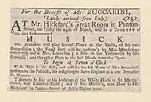 1737. Announcement of March 1737 concert for violinist, Mr. Zuccarini.