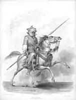 Ceremonial bodyguard of the Sheikh of Bornou in his full regalia, after a drawing by a British visitor in the 1820s. The mounted knight was central to the Bornu state, and many Kanuri people still value horsemanship and horses.
