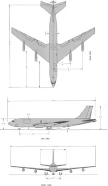 3-view silhouette drawing of the Boeing KC-135A Stratotanker