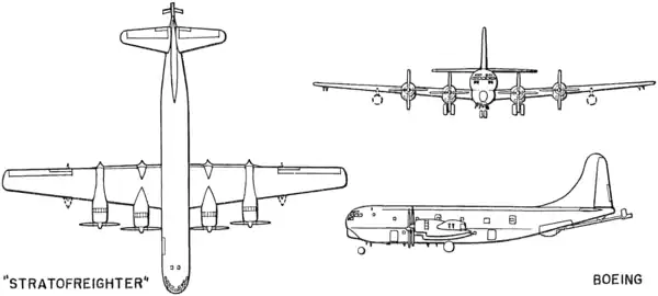 3-view line drawing of the Boeing KC-97G Stratofreighter
