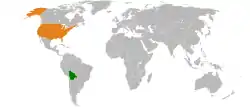 Map indicating locations of Bolivia and United States