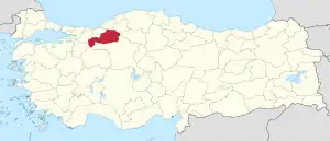 Bolu highlighted in red on a beige political map of Turkeym