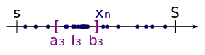 Again, one of these subintervals contains infinitely many members of 
  
    
      
        (
        
          x
          
            n
          
        
        
          )
          
            n
            ∈
            
              N
            
          
        
      
    
    {\displaystyle (x_{n})_{n\in \mathbb {N} }}
  
. We take this subinterval as the third subinterval 
  
    
      
        
          I
          
            3
          
        
      
    
    {\displaystyle I_{3}}
  
 of the sequence of nested intervals.