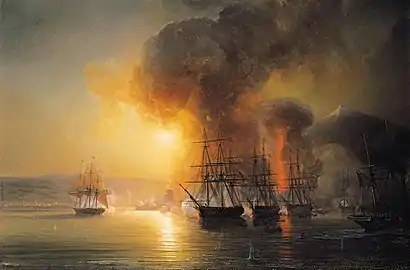 Bombardment of San Juan de Ulúa off Vera Cruz. From left to right, the corvette Créole, and the frigates Gloire, Néréide and Iphigénie.