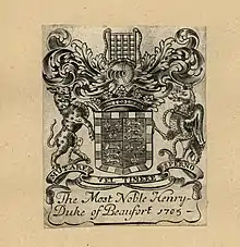 Bookplate with the arms of the 2nd Duke of Beaufort