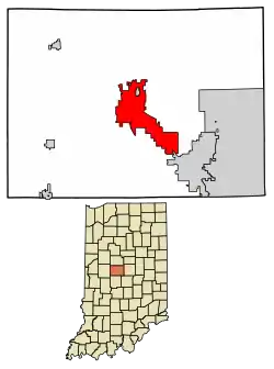 Location of Lebanon in Boone County, Indiana.