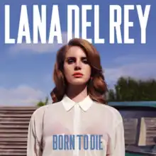 A light-skinned, auburn-haired woman is dressed in a sheer white blouse and red bra and is staring forward before a blue-skied background. The words "Lana Del Rey" are placed above her while the words "Born to Die" are placed beneath her, stylized in all capital letters.
