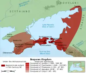 Map showing the early growth of the Bosporan Kingdom, before its annexation by Mithridates VI of Pontus.