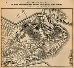 Boston in 1630 vs. 1880. The original area of the Shawmut Peninsula was substantially expanded by landfill.