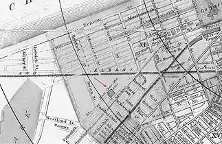 Detail of 1888 map of Back Bay, showing the new Mechanics Hall on Huntington Ave.