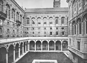 Courtyard looking north with the campanile of Old South Church in the background.