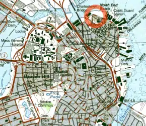 A scanned color map. The area around North End Beach and Charlestown Bridge is circled in red.