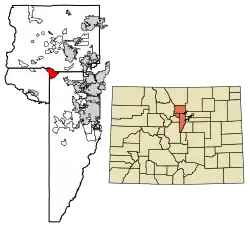 Location of the Coal Creek CDP in Jefferson, Boulder, and Gilpin counties, Colorado.