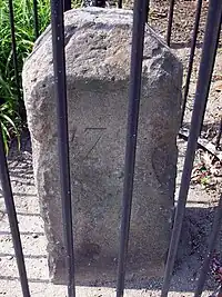 Boundary stone of the original District of Columbia set in 1792 marking the boundary between Washington, D.C., and Maryland in the United States.