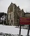 The church as seen from the northeast on a snowy day.
