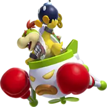 Bowser Jr. holding a Bob-omb inside a Koopa Clown Car