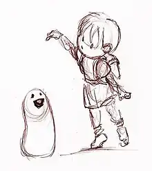 Hand-drawn sketch of the young Boy holding a jelly bean over the Blob's head.