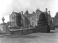 Bradfield House, east front, photographed from NE in 1904, when still occupied by the Walrond family, showing the formal topiary garden