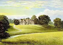 Coloured print of Bramall Hall atop a hill, framed by trees and set in open parkland. A driveway leads up to it on the left side. A stream runs along the bottom of the hill in the valley.
