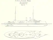 Line drawing for this type of ship; the vessel had three large gun turrets on the centerline and two thin smoke stacks.