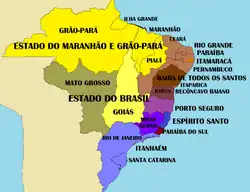 Map of Brazil in 1750, with the full extent of the Captaincy of Rio de Janeiro, after the Captaincy of São Paulo lost its autonomy in 1748.