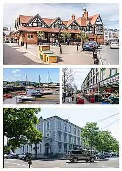 Clockwise from top: the Tudor Revival style old town hall; businesses on Goldsmith Terrace; period terraced homes on Quinsborough Road; boats in Bray Harbour