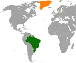 Map indicating locations of Brazil and Denmark