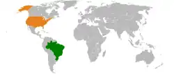 Map indicating locations of Brazil and USA