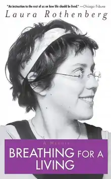 Alt=Book cover of Breathing for a Living with title overlaid on photobooth-style strips of pictures of the young woman author