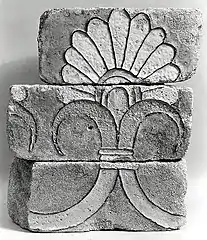 Black-and-white photo with Achaemenid glazed ceramic bricks with a palmette, c. 6th–4th century BC, in the Metropolitan Museum of Art, New York City
