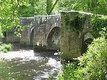 Granite and stone bridge with five arches and trees in the foreground