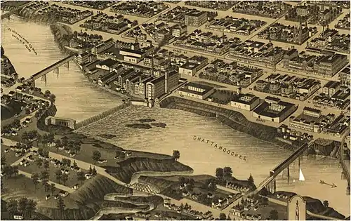 Columbus in the 19th century. The bridge to the left was the Upper Bridge (now the 14th Street Pedestrian Bridge) and the bridge to the right was the Lower Bridge (now the Dillingham Street Bridge).