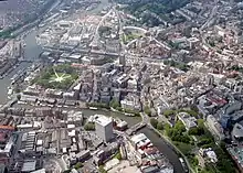 Aerial view of central Bristol; Queen Square is seen to the left of the picture