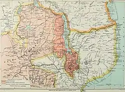 Map of southern Africa, 1897. The British Central Africa Protectorate is shaded dark pink.