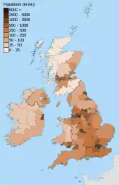 A map of the British Isles showing the relative population densities across the area.