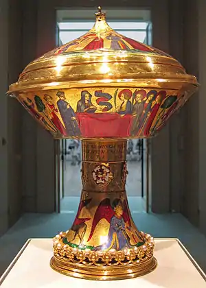 The Royal Gold Cup with basse-taille enamels; weight 1.935 kg, British Museum. Saint Agnes appears to her friends in a vision.