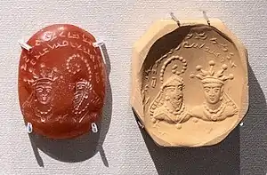 Seal with two facing busts and Sogdian inscription "Indamic, Queen of Zacanta", Kushano-Sasanian period, 300-350 CE. British Museum 119999.