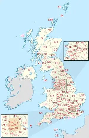 Map of the United Kingdom and Crown dependencies showing postcode area boundaries
