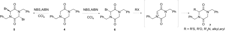 Bromination of 2,5-Diketopiperazines followed by Nucleophilic displacement